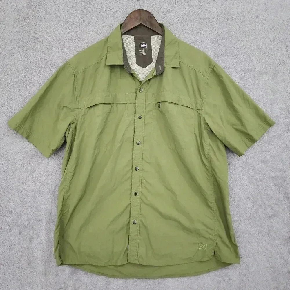REI Men's Green Short Sleeve Button-Up Shirt L Outdoor , 19CT